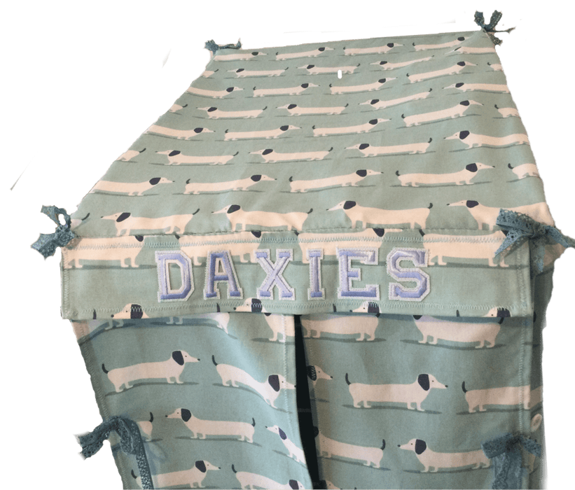 CRATE COVER FOR DOGS PERSONALISED DACHSHUND DESIGN HANDMADE IN BRITAIN DUCK EGG BLUE OR YELLOW SMALL