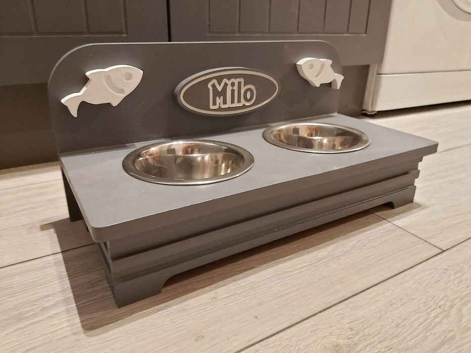 TWO BOWL CAT FEEDER RAISED PICKLES DESIGN PAWFECTLY UNIQUE Personalised Raised 4" High 9 Customisable Colour Choices
