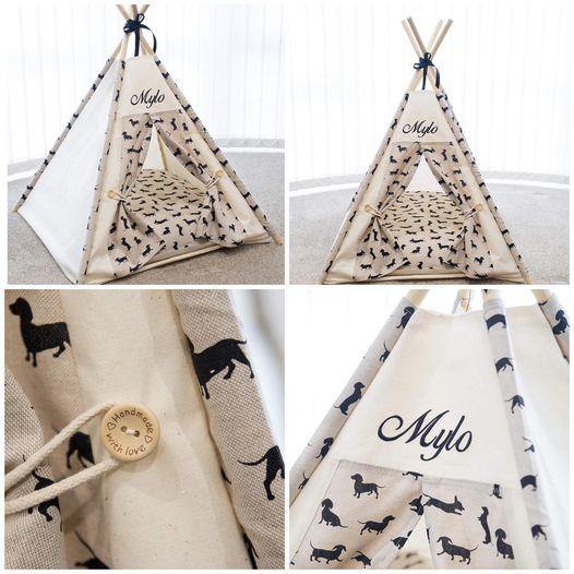 DOG TEEPEE BED PERSONALISED Handmade in Britain Cute Dachshund Design Fabric ONE SIZE