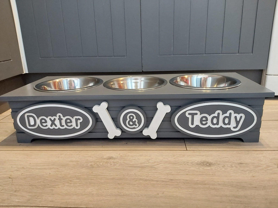 DOG FEEDER THREE BOWL SMALL and MEDIUM MARLEY DESIGN PAWFECTLY UNIQUE Handmade in Britain Personalised 9 Customisable Colour Choices