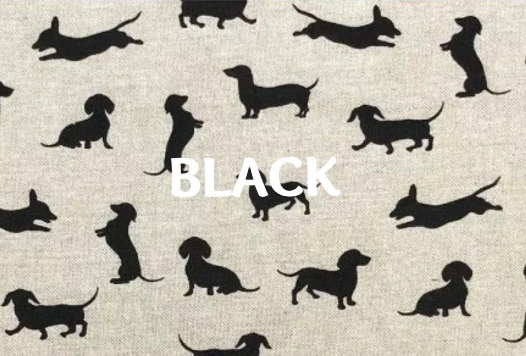 DOG CRATE COVER and BOLSTER CUSHION CUTE DACHSHUND DESIGN FABRIC Handmade in the UK ONE SIZE BLACK, GREY or RED